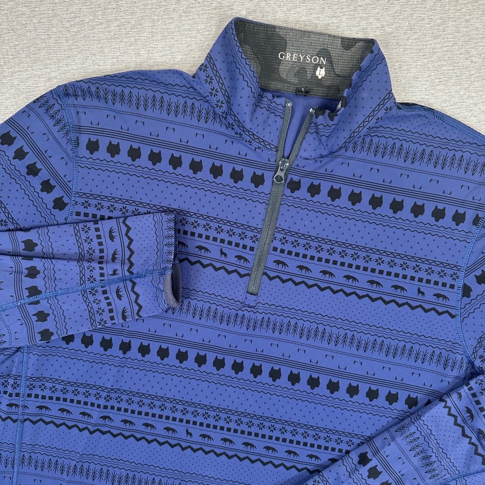 Greyson 1/4 Zip Pullover Mens Large Blue Wolf Fair Isle AOP Dallas National
